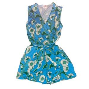 JB by Julie Brown Blue Floral Faux Wrap Tie Waist Romper - L